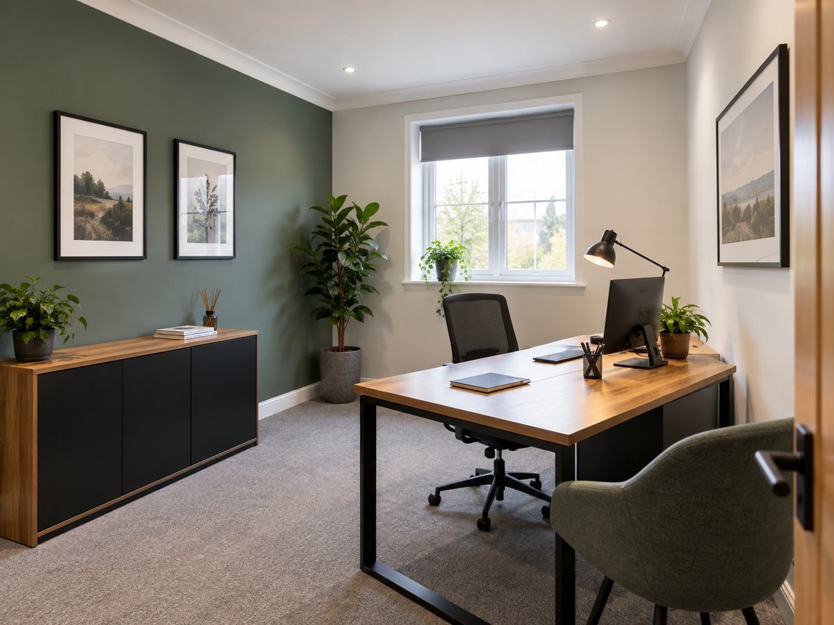 Compact home office with deep green painted walls
