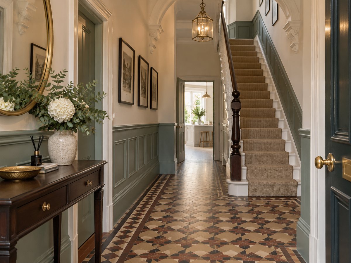 Decorated period hallway with painted wall panelling and staircase