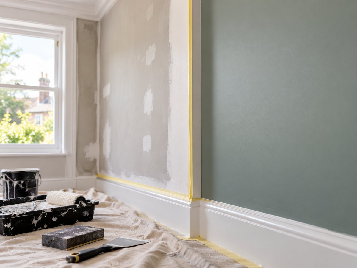 Decorator applying paint to prepared wall surface