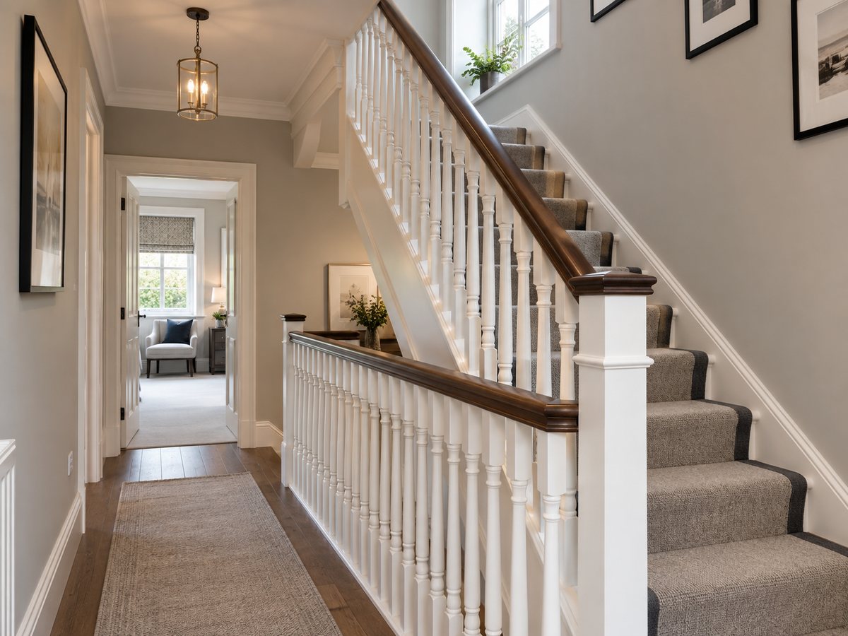 Freshly decorated staircase and landing with white woodwork