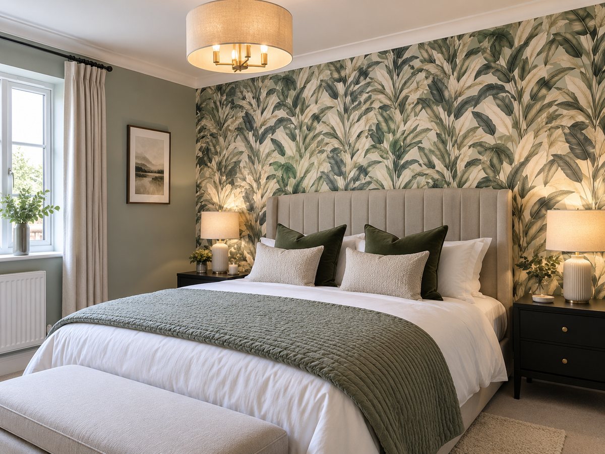 Bedroom with botanical wallpaper feature wall