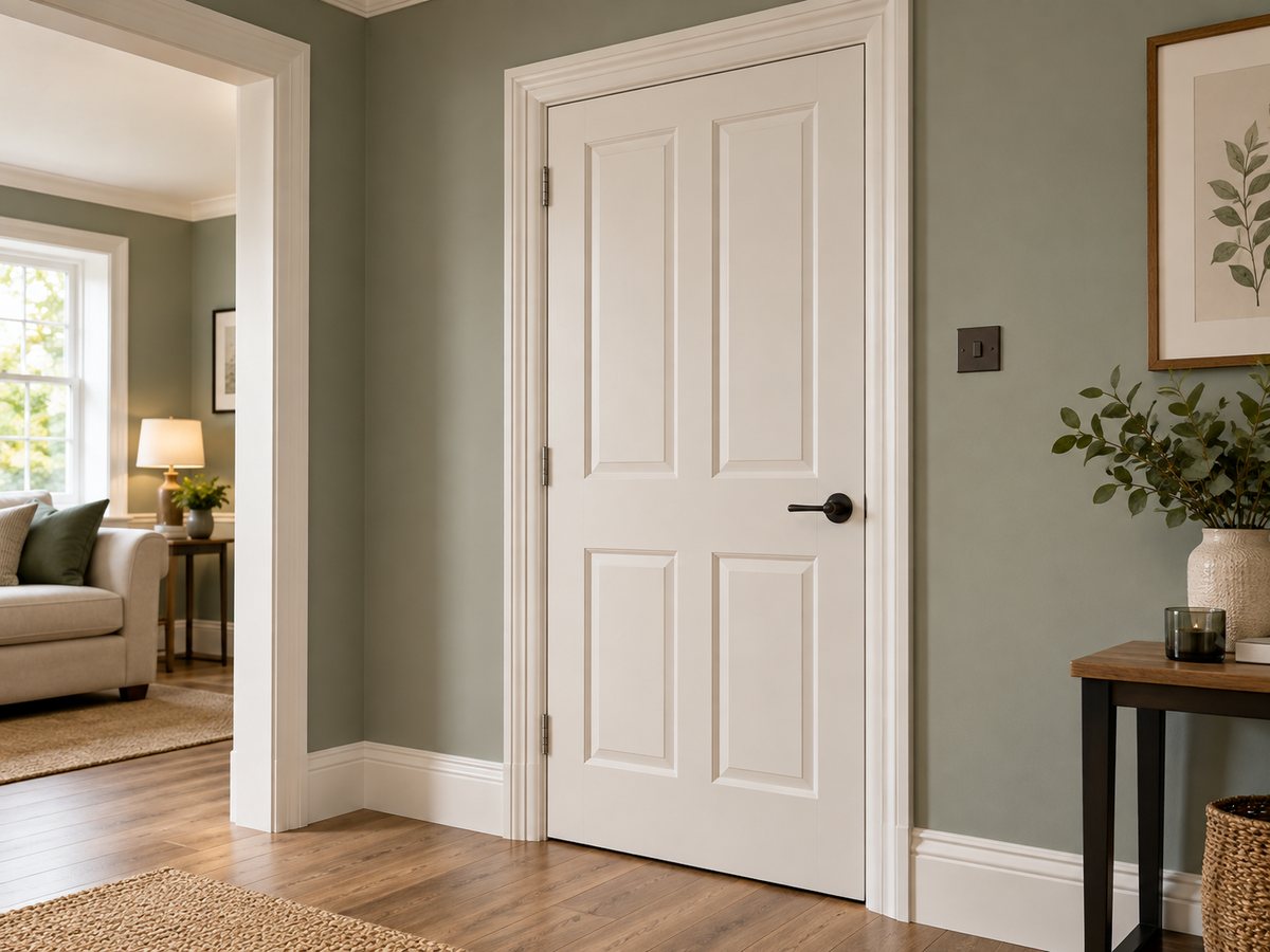Close-up of dark painted interior door and crisp white trim